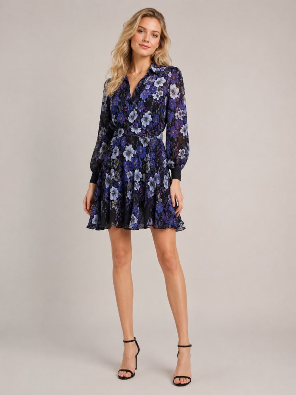 Elie Tahari Floral Print Blouson Cuff Shirt Dress Purple 2 #A4337